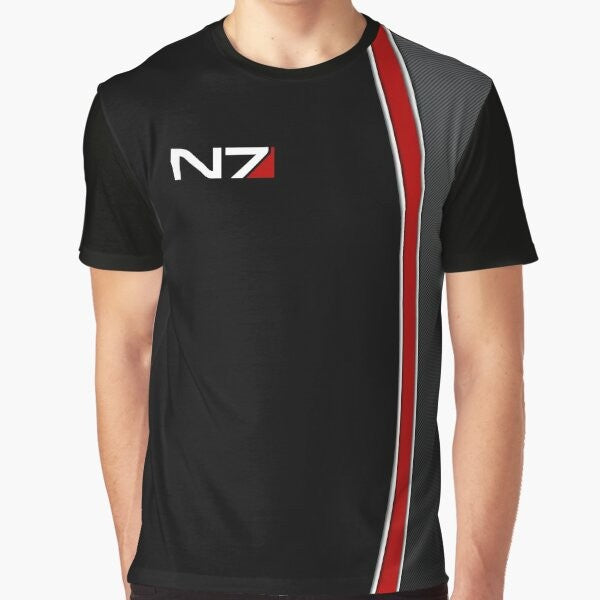 Mass Effect N7 Emblem Graphic T-Shirt featuring the iconic N7 logo and Commander Shepard from the Bioware game series