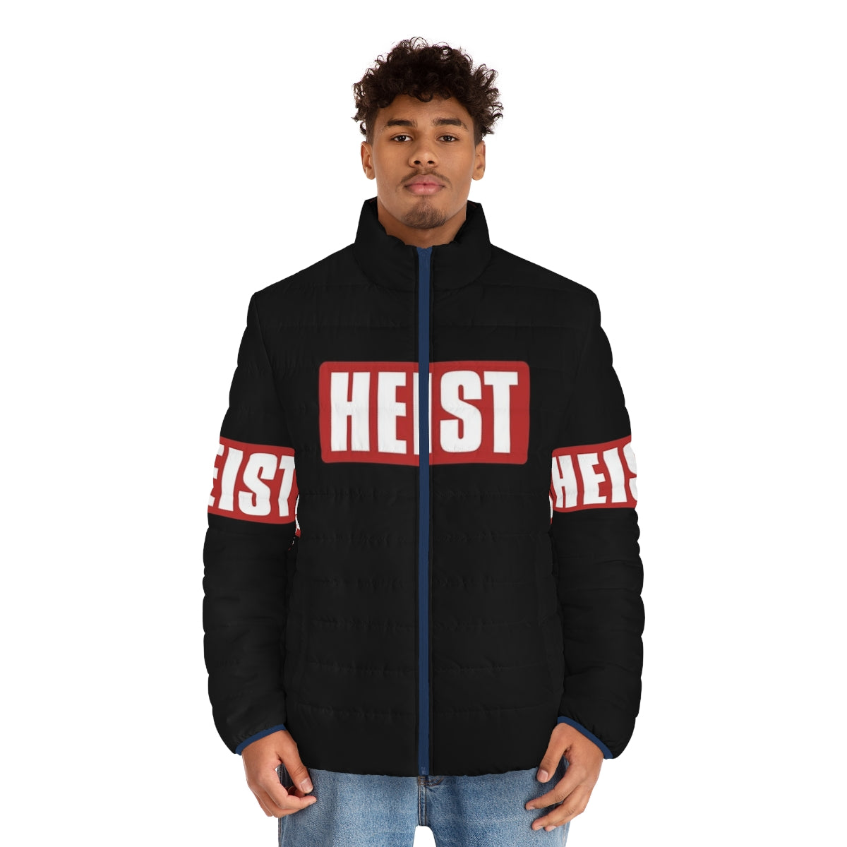 Stylish money heist puffer jacket with text art design - men front