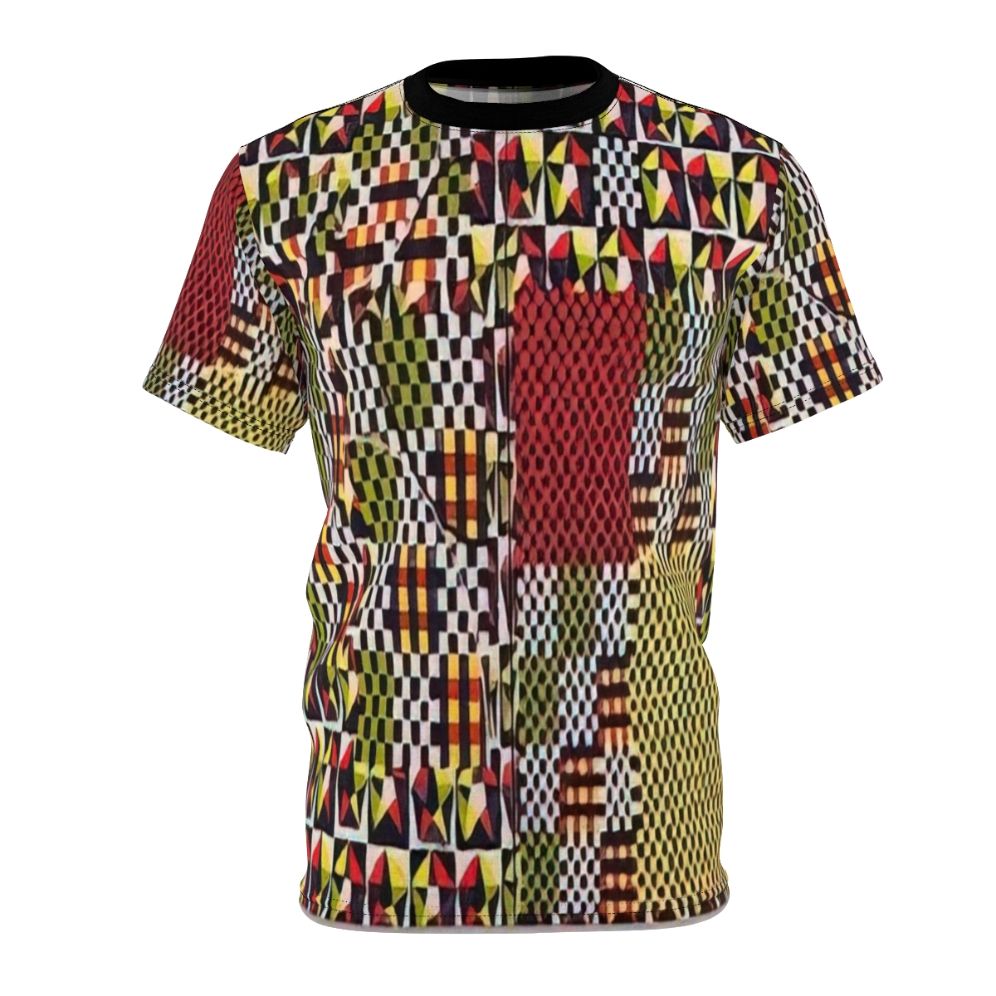 Vibrant abstract geometric t-shirt featuring colorful and multilayered patterns inspired by the spiritual art of Alfred Jensen.