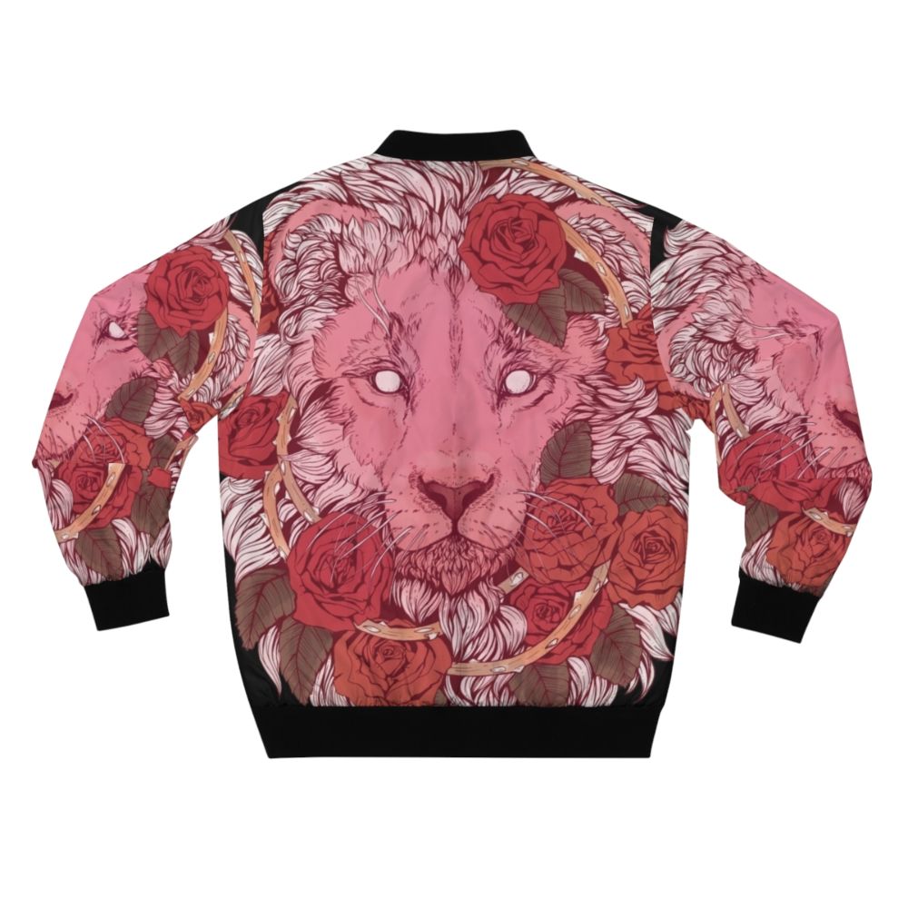 Lion of Roses Bomber Jacket featuring a majestic lion design with roses and glowing eyes - Back