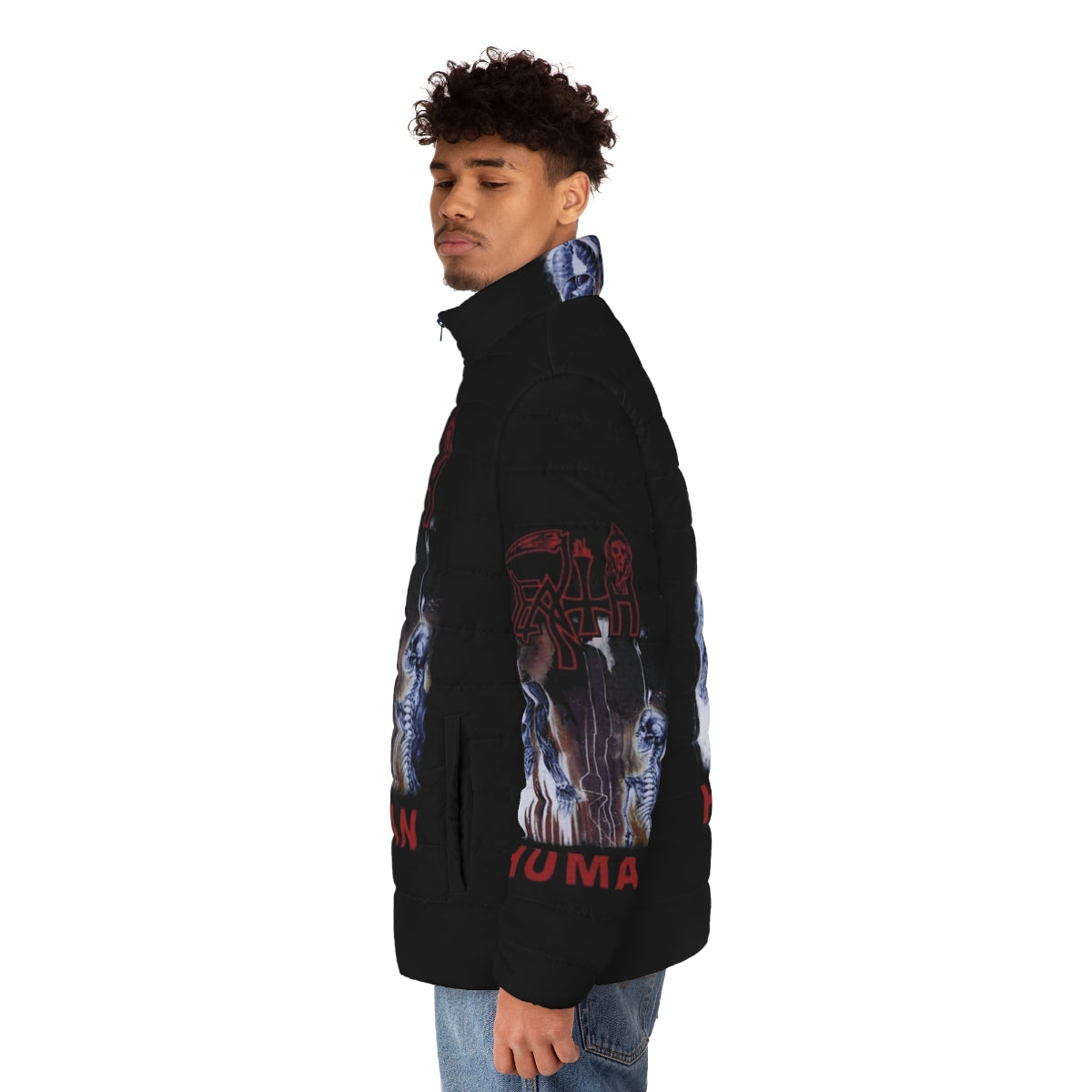 Death Metal Puffer Jacket featuring a bold graphic design - men side left