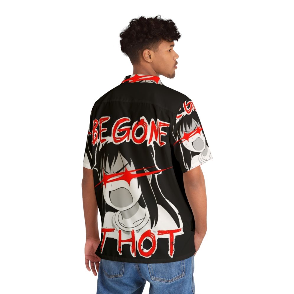 Angry "Be Gone Thot" Hawaiian Shirt with Red Eyes Design - Flat lay