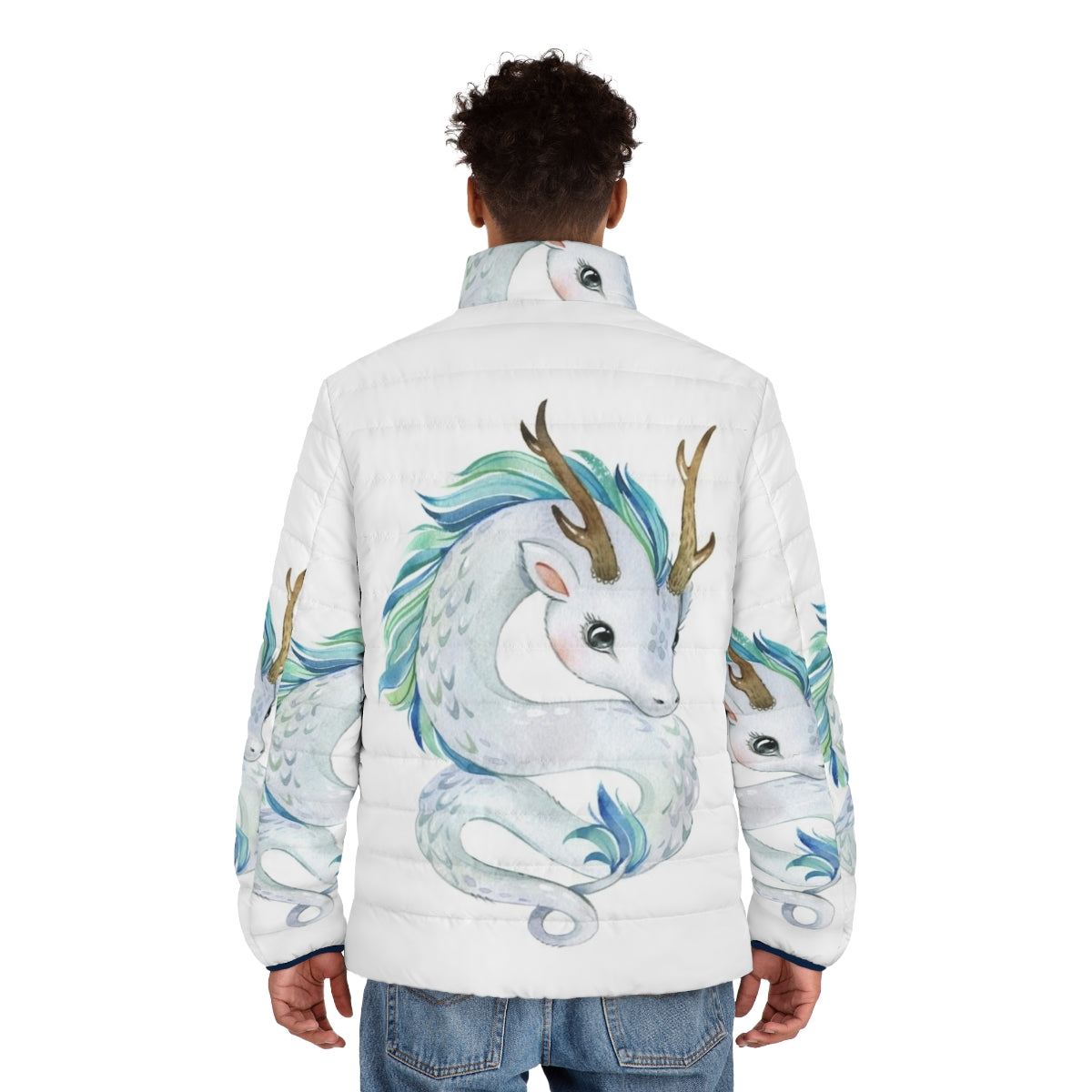 Cozy puffer jacket featuring a cute mythical dragon design - men back