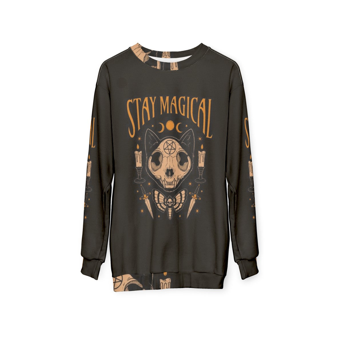 Stay Magical Occult Sweatshirt with Cat Skull, Skeleton, and Moon Imagery - hanging