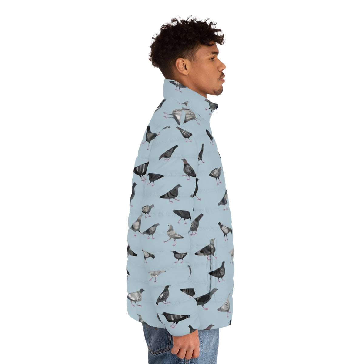 Puffer jacket with a repeating pattern of pigeons and doves in shades of gray - men side right