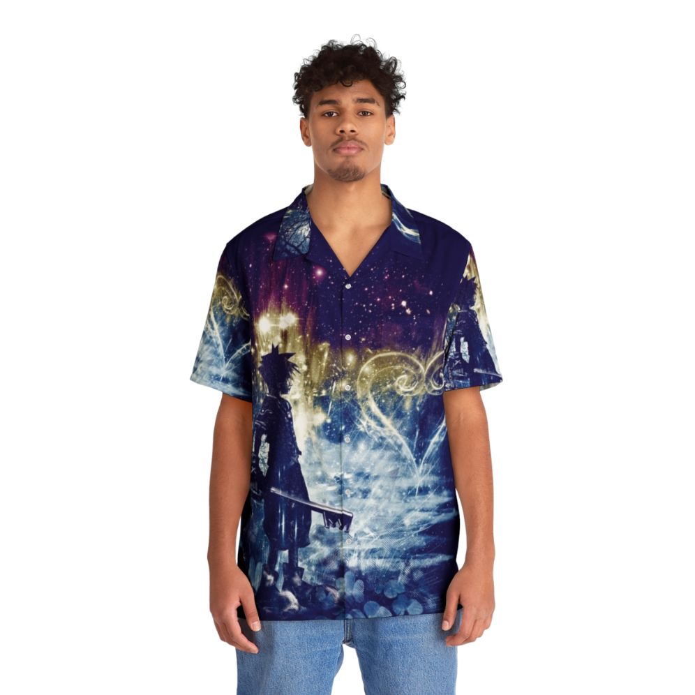 Artsy Hawaiian Shirt with Kingdom Hearts Keyblade and Sora Design - People Front