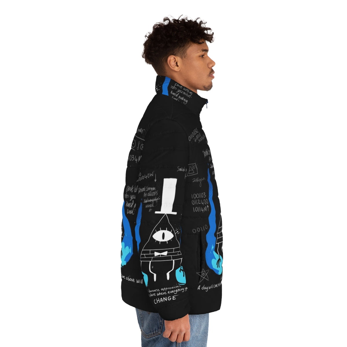 A dark and mysterious puffer jacket inspired by the supernatural elements of Disney's Gravity Falls - men side right