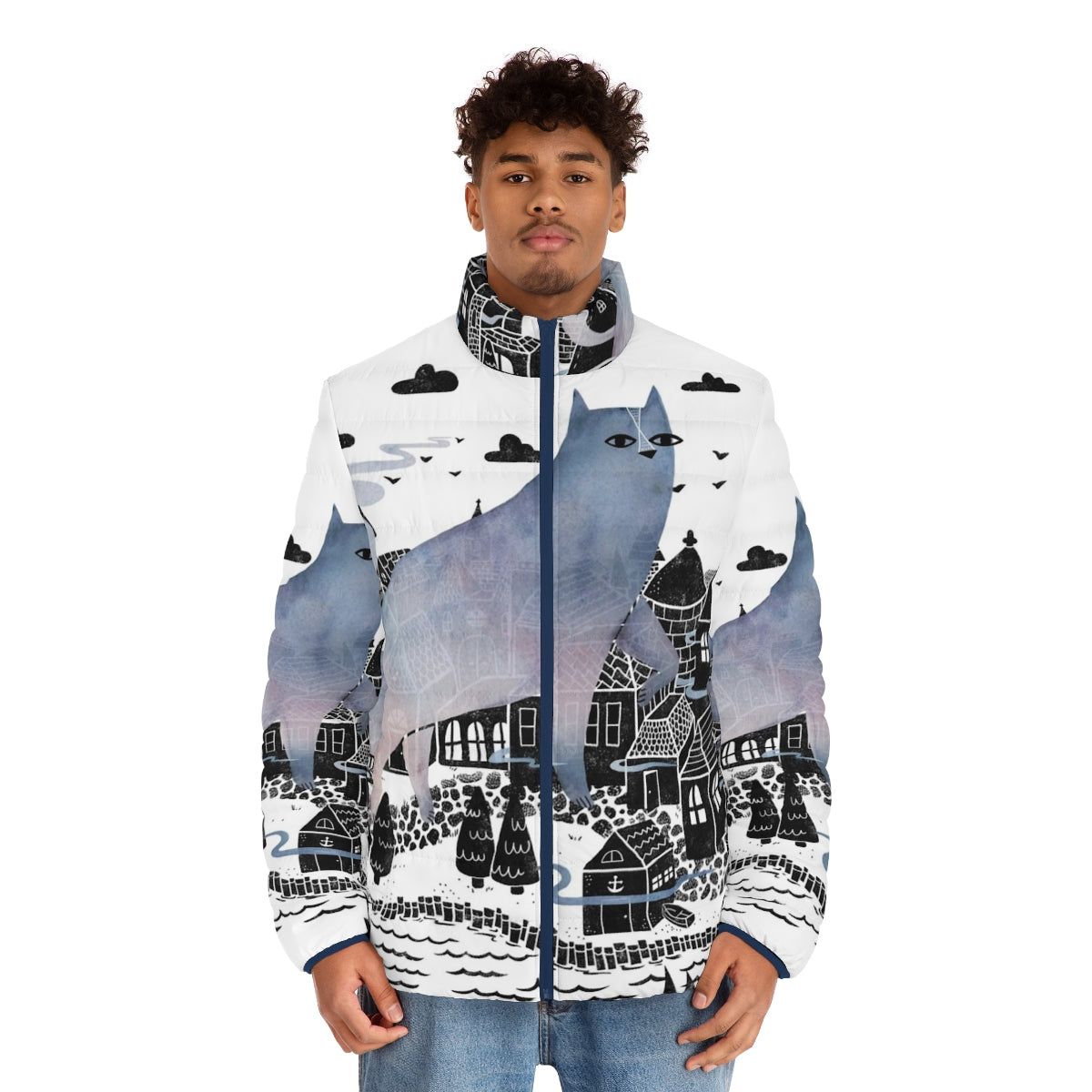 A cozy puffer jacket in a foggy, watercolor-inspired landscape design - men front