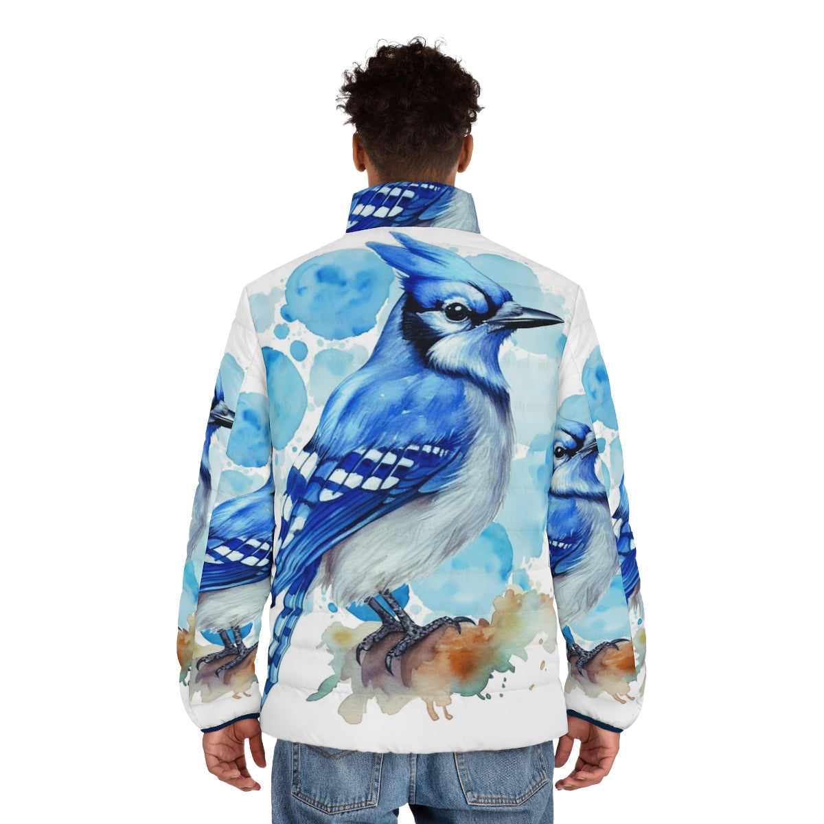 Blue Jay Puffer Jacket with Feather Design - men back