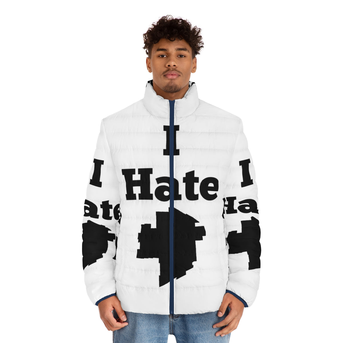 "I Hate Winnipeg" puffer jacket with Manitoba and Weakerthans inspired design - men front