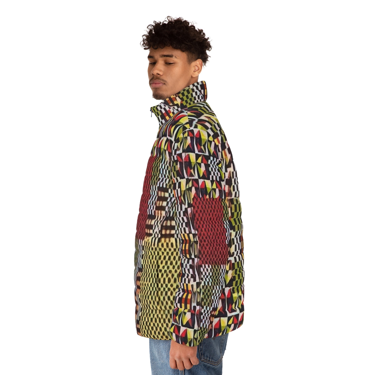 Puffer jacket featuring Alfred Jensen's colorful geometric artwork inspired by the Pythagorean Theorem - men side left