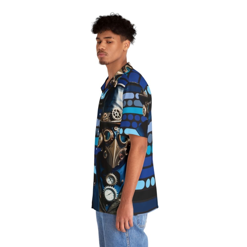 Blue steampunk Hawaiian shirt with "The Age of Incoherence" design - People Left