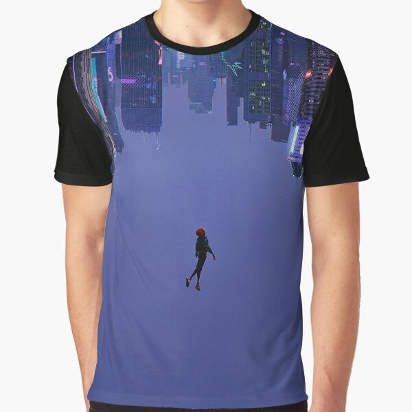 Graphic t-shirt design featuring Spider-Man character Miles Morales with the text "Not Falling, But Rising".