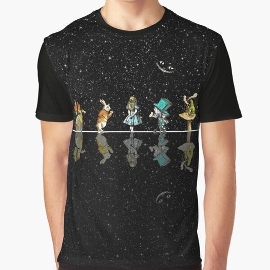 Surreal graphic tee featuring Alice in Wonderland characters against a starry night sky background.