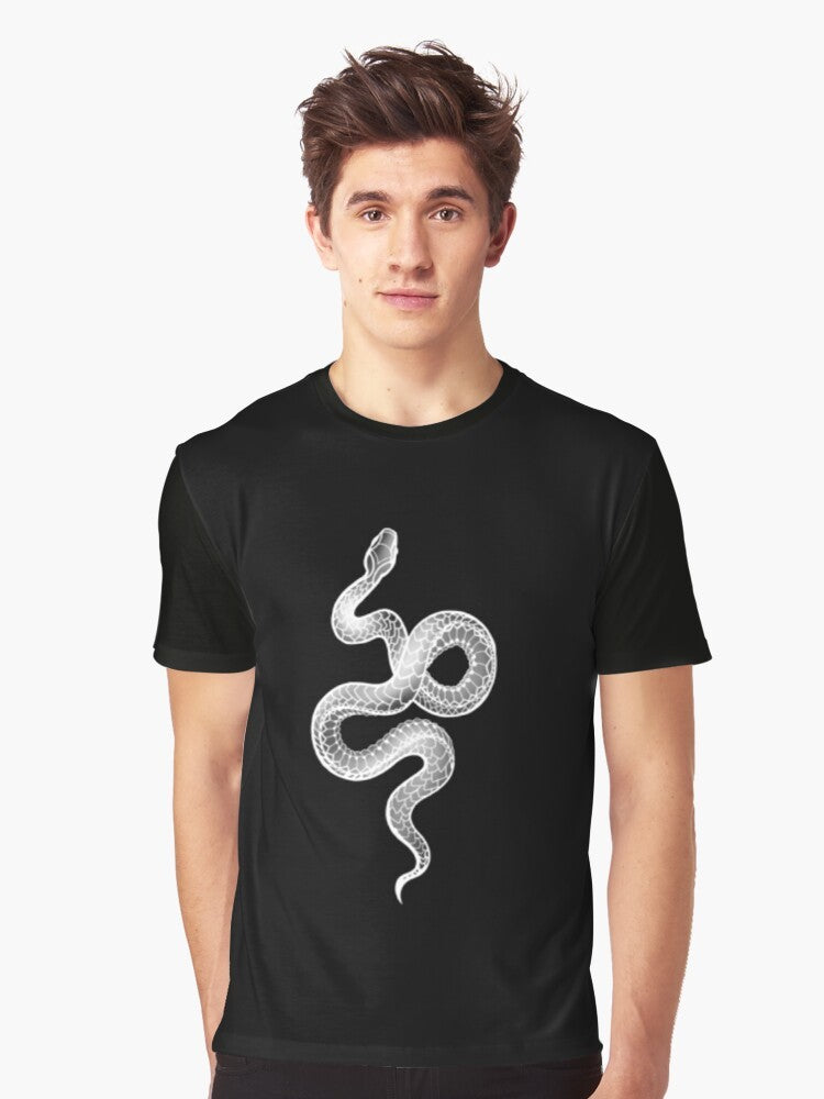 Black and white graphic t-shirt featuring a snake design with the text "Snake Reputation" - Men