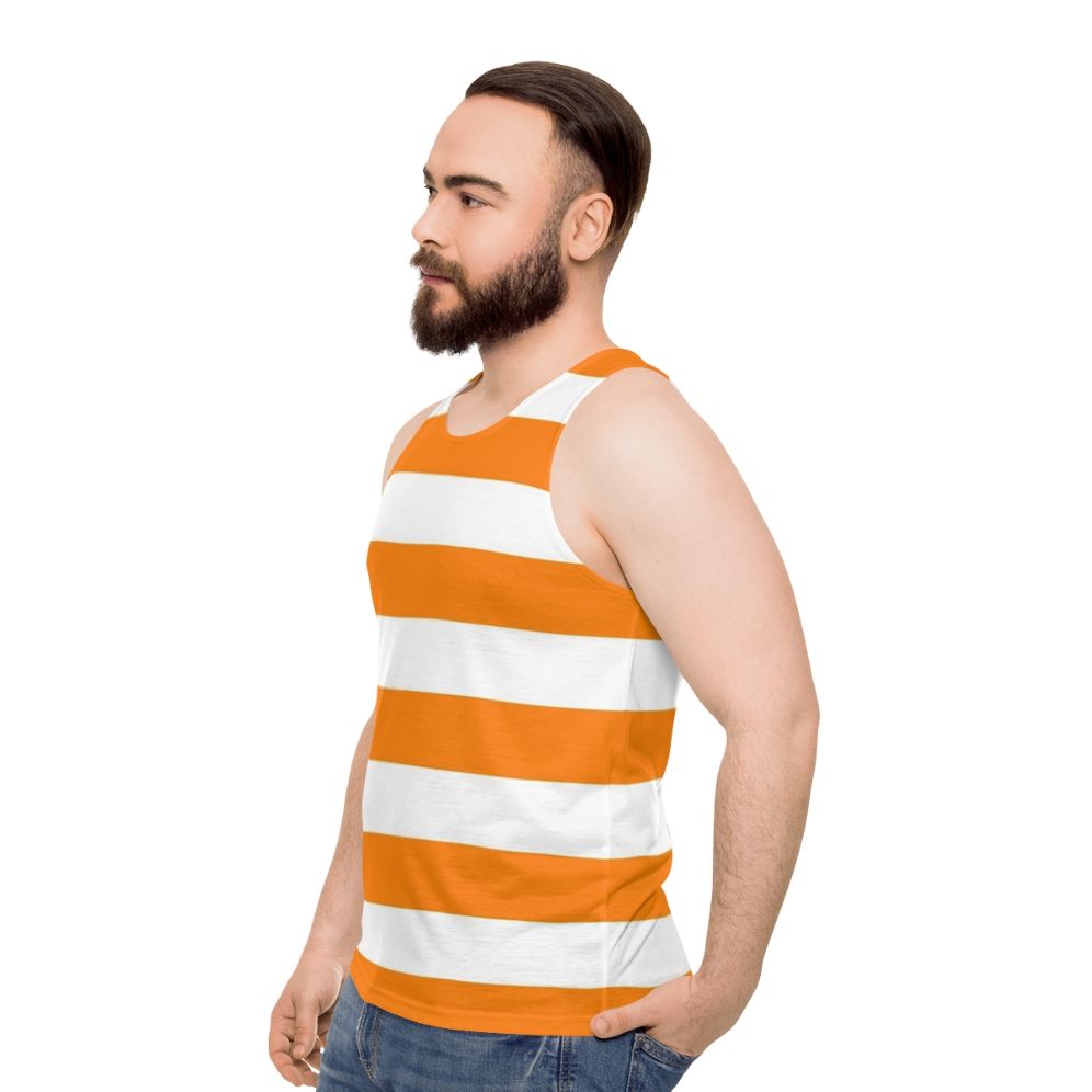 Orange and white horizontal striped unisex tank top - men side