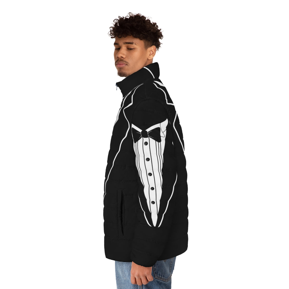 Tuxedo puffer jacket with a touch of Animal House frat style - men side left