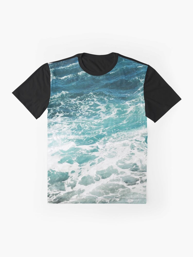 Blue and white abstract ocean waves graphic t-shirt - Flat lay