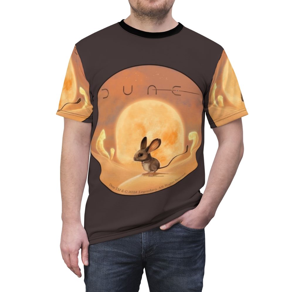 Dune-inspired fan art t-shirt featuring a desert landscape and sci-fi elements - men front