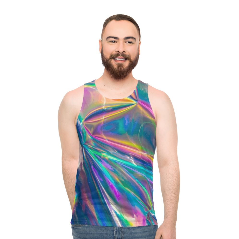 Holographic unisex tank top with vibrant, iridescent colors - men