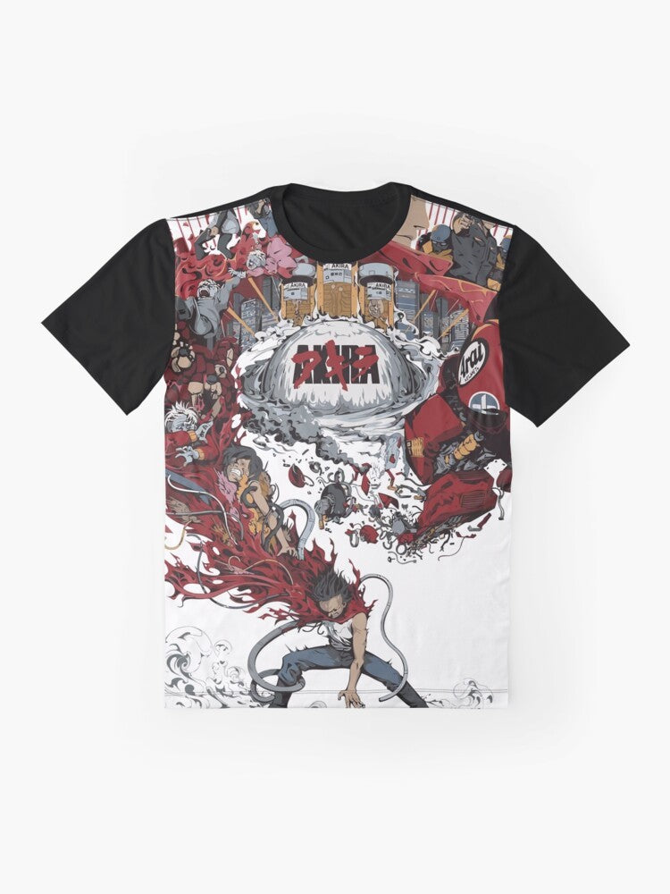 Akira anime graphic t-shirt featuring a vintage, post-apocalyptic sci-fi design. - Flat lay