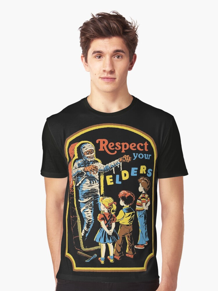 Vintage-style graphic t-shirt with the text "Respect Your Elders" and a mummy design - Men