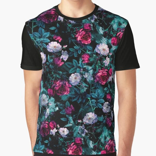 Floral abstract graphic t-shirt with a vintage, grunge design