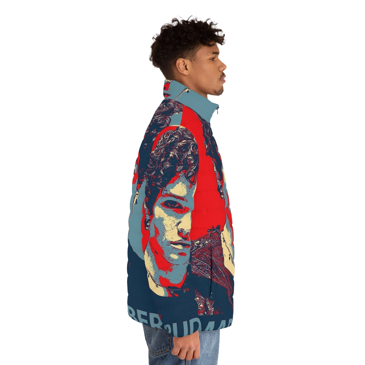 Omar Rudberg wearing a stylish puffer jacket - men side right