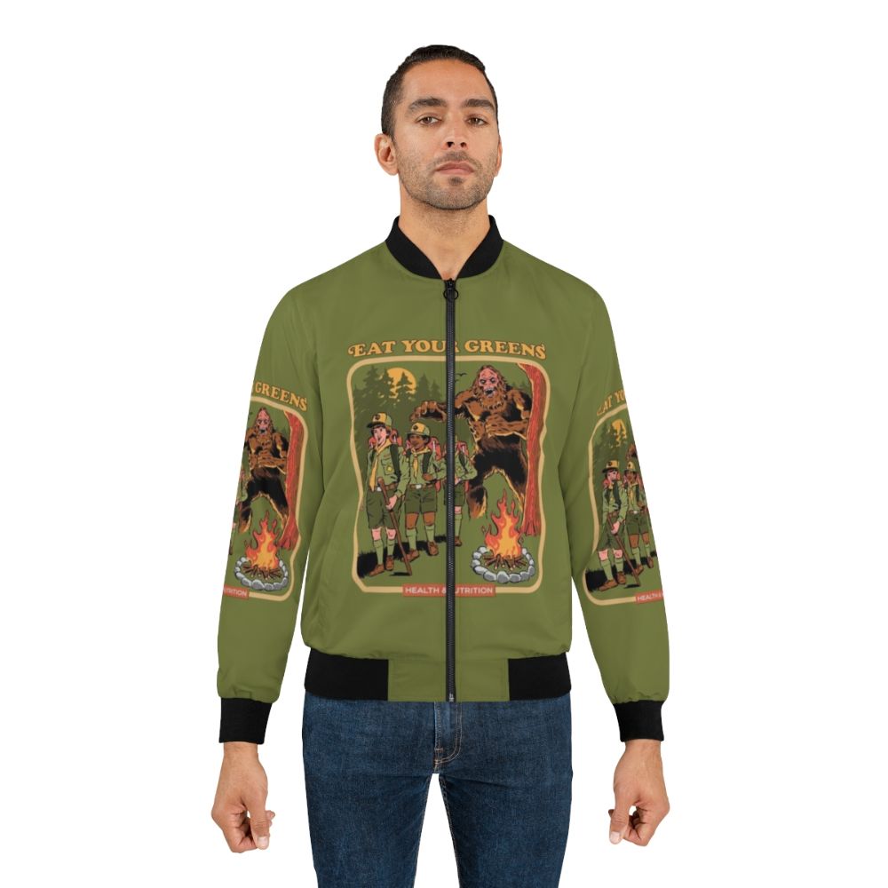 Retro 'Eat Your Greens' bomber jacket with bigfoot, monster, and occult-inspired design - Lifestyle