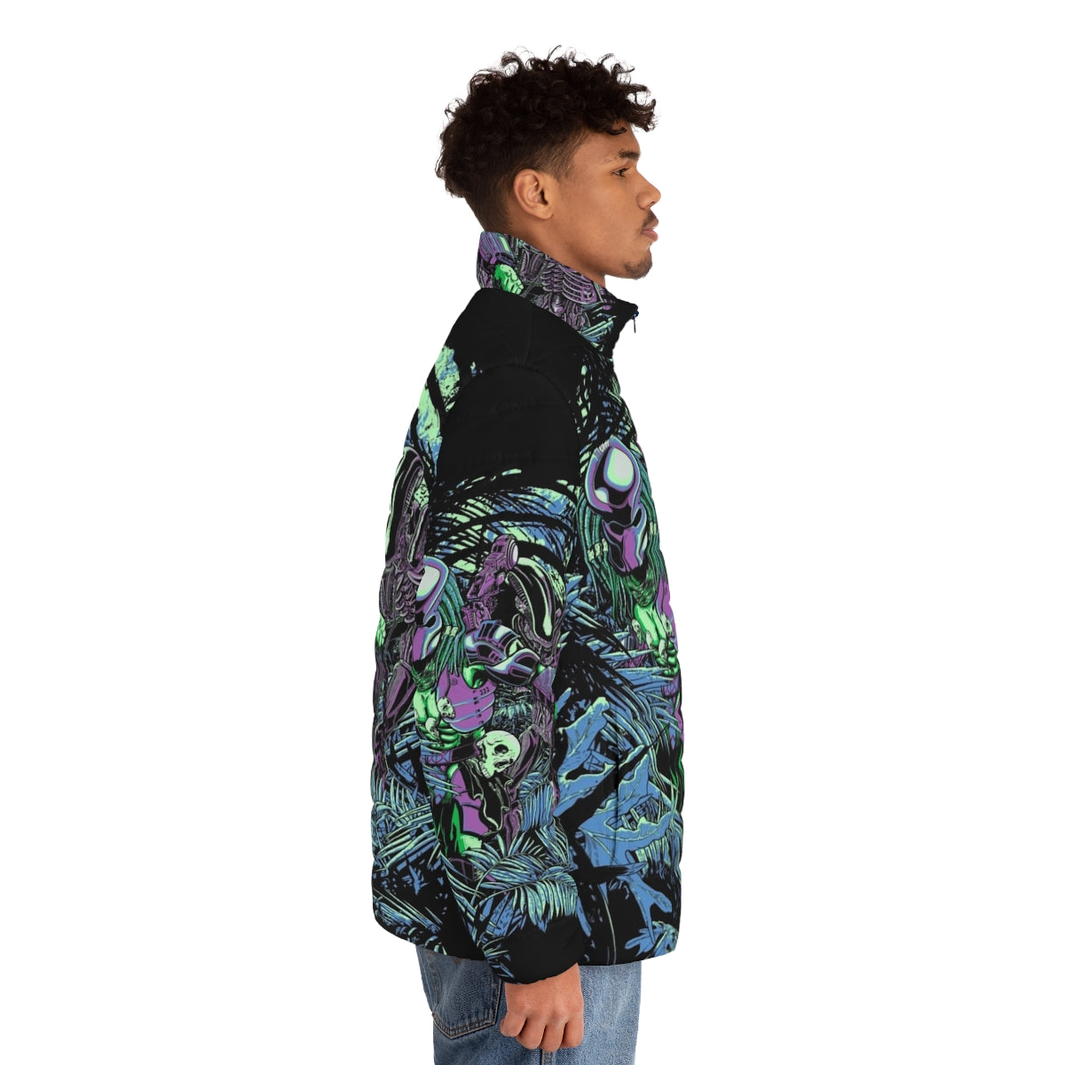 Neon puffer jacket with alien vs predator inspired sci-fi jungle design - men side right