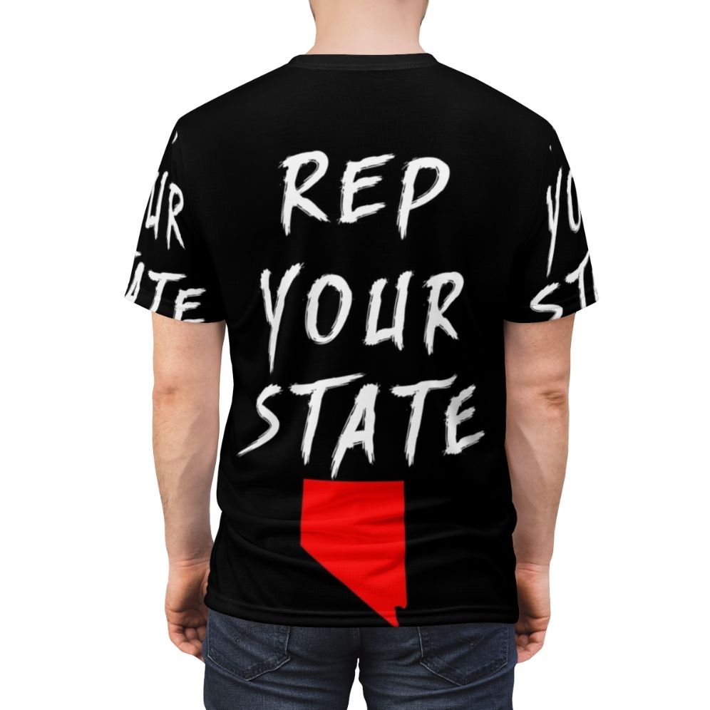 Vibrant all-over print t-shirt featuring the state of Nevada design - men back