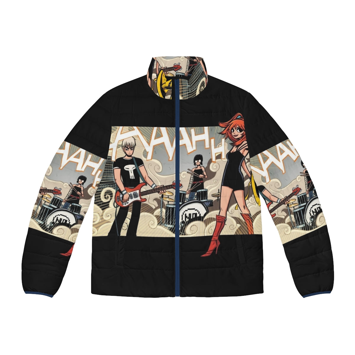 The Clash At Demonhead vegan puffer jacket, featuring retro 80s indie rock band design