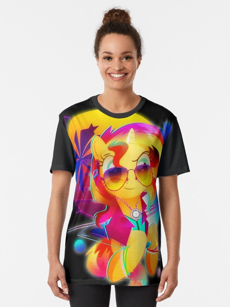 Retro synthwave-style graphic t-shirt featuring Sunset Shimmer from My Little Pony: Friendship is Magic - Women