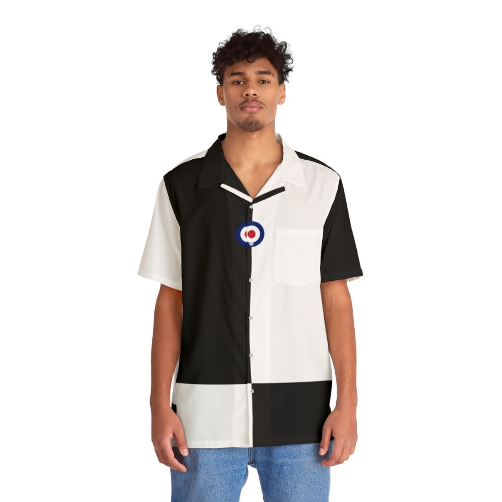 Mod Hawaiian shirt with black and white checkerboard pattern and mod logo - People Front