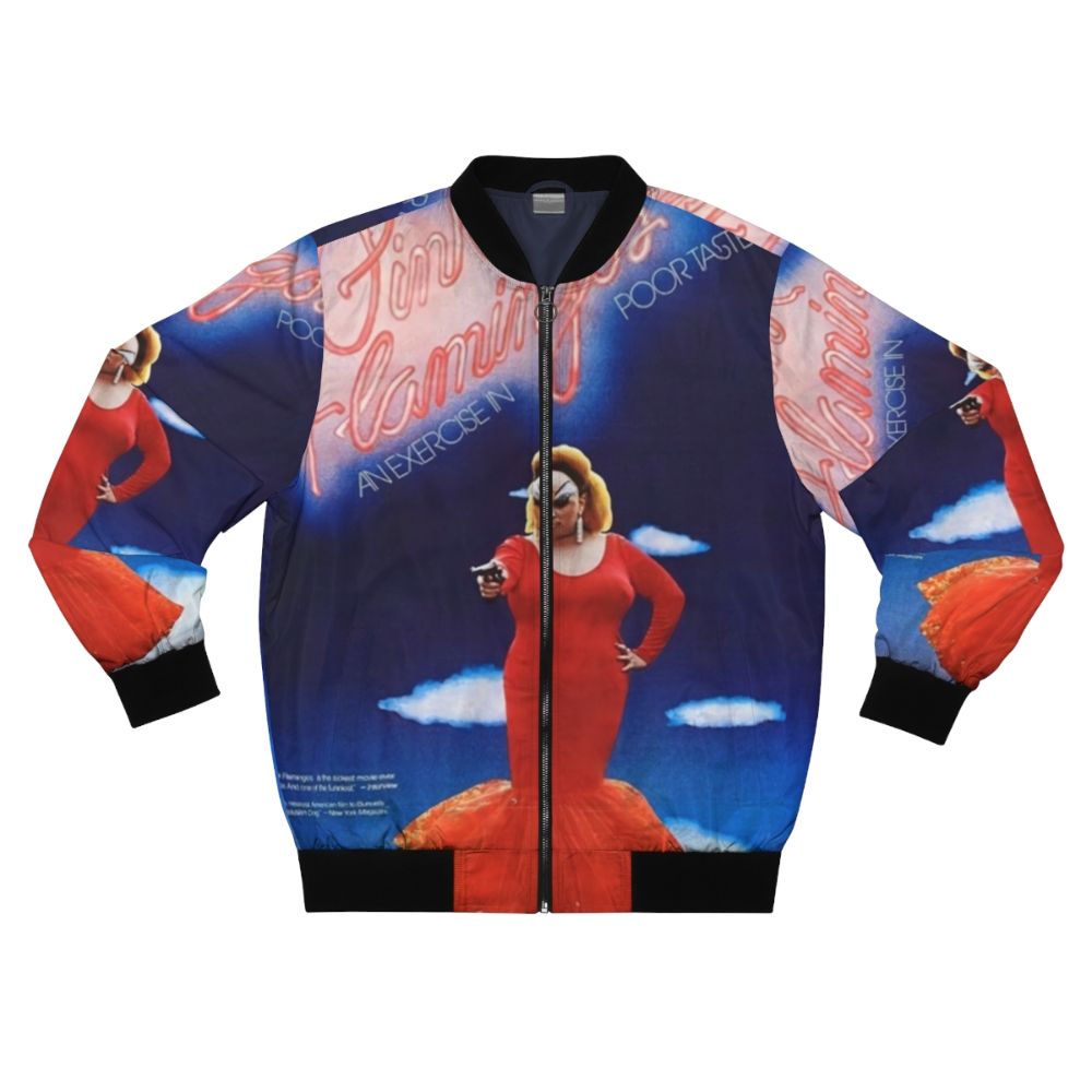 Pink Flamingos John Waters Inspired Bomber Jacket featuring the iconic flamingo and 90s movie aesthetic