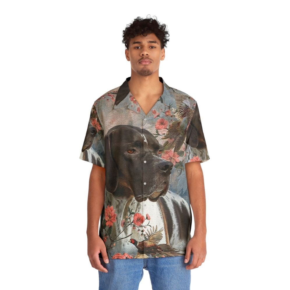 Pointer dog wearing a Hawaiian shirt with a floral and pheasant design - People Front