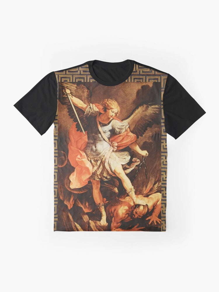 Vintage illustration of St. Michael the Archangel battling the devil, with a vibrant religious and spiritual design. - Flat lay