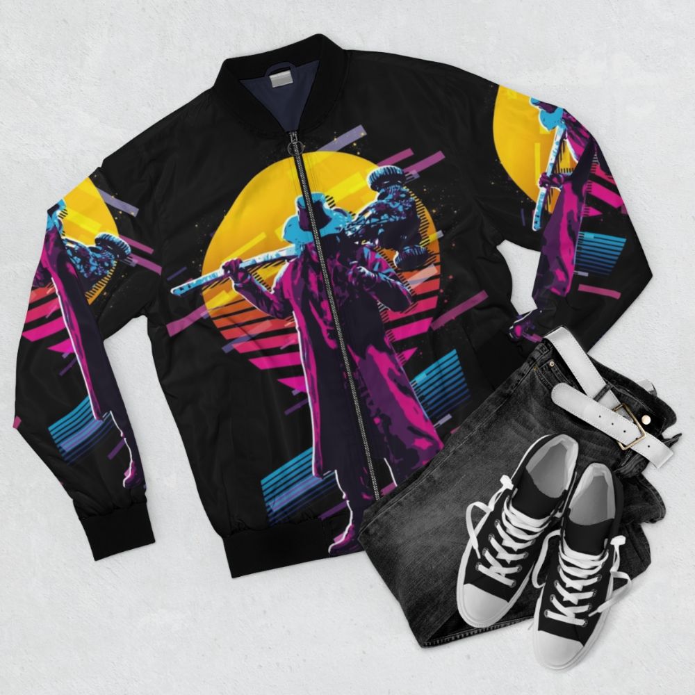 Resident Evil Heisenberg 80s Retro Bomber Jacket featuring the iconic Heisenberg character from Resident Evil Village - Flat lay