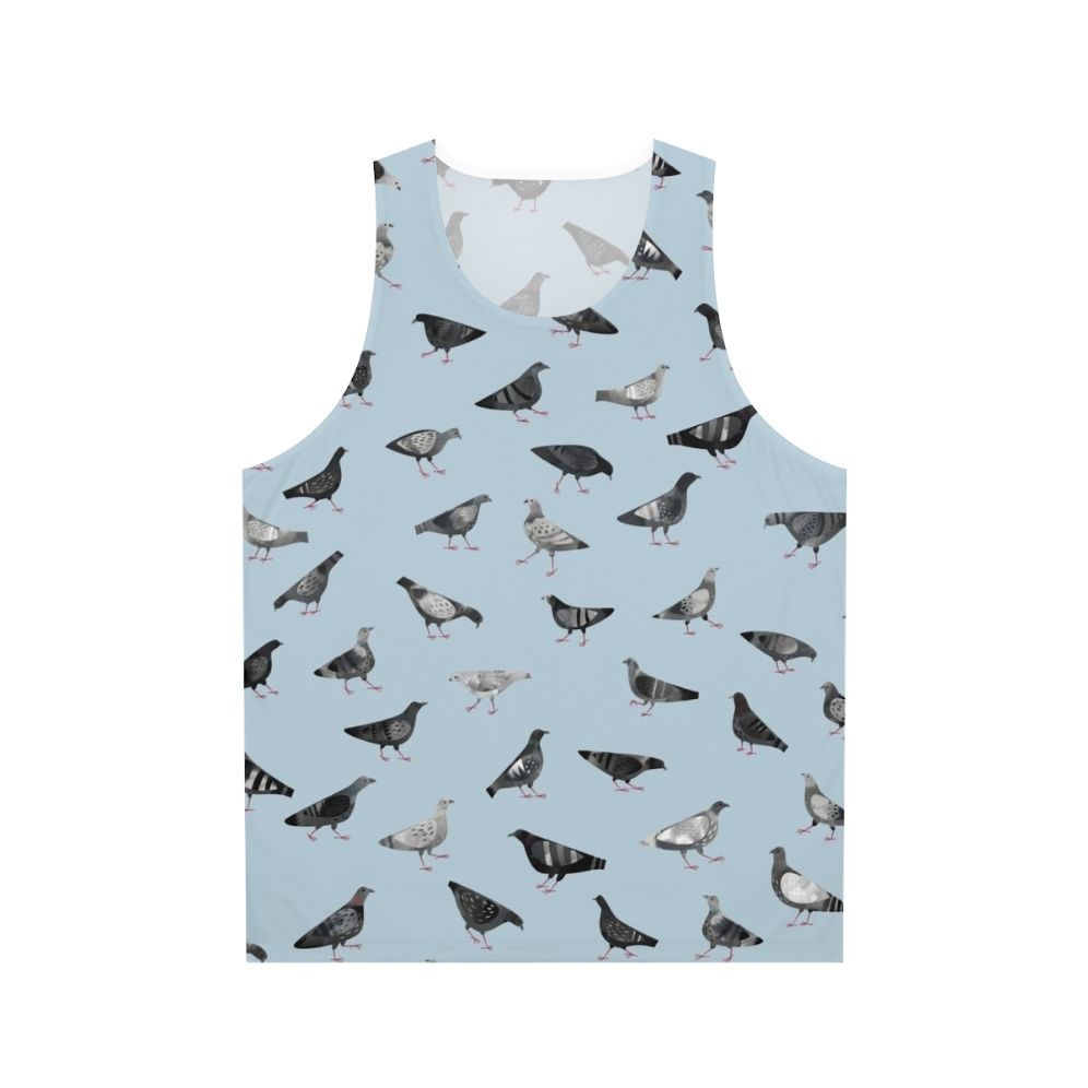 Pigeons doing pigeon things on a gray unisex tank top