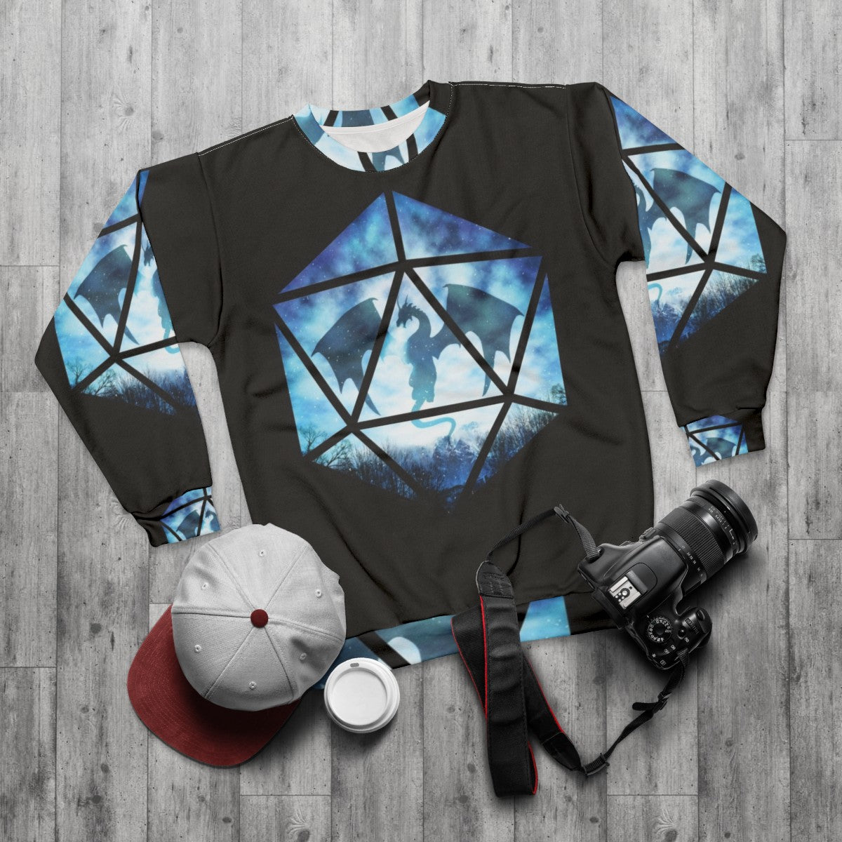 Blue Sky Ice Dragon D20 Sweatshirt - Fantasy RPG Apparel - flat lay