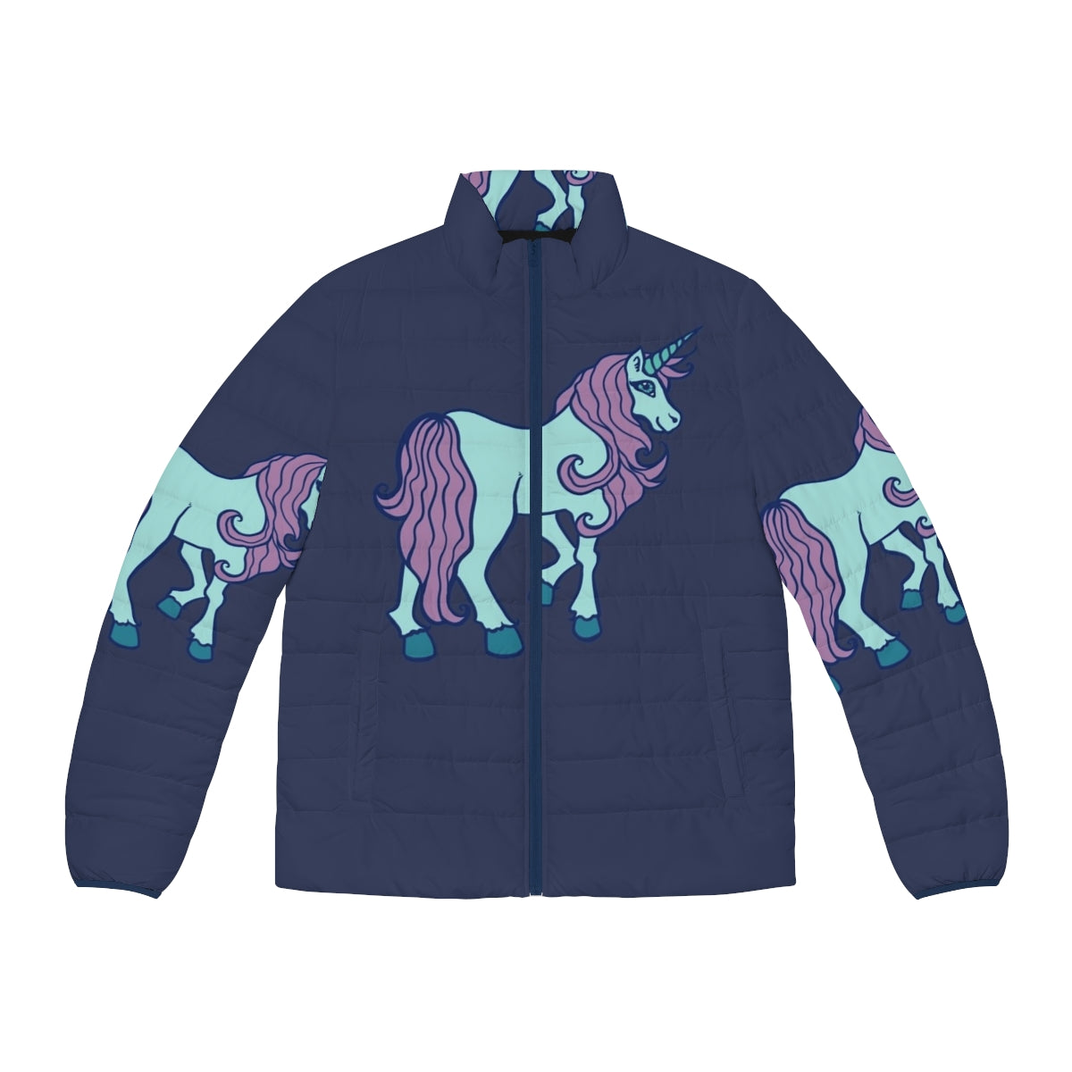 A pink puffer jacket with a unicorn design, perfect for the unicorn lover.