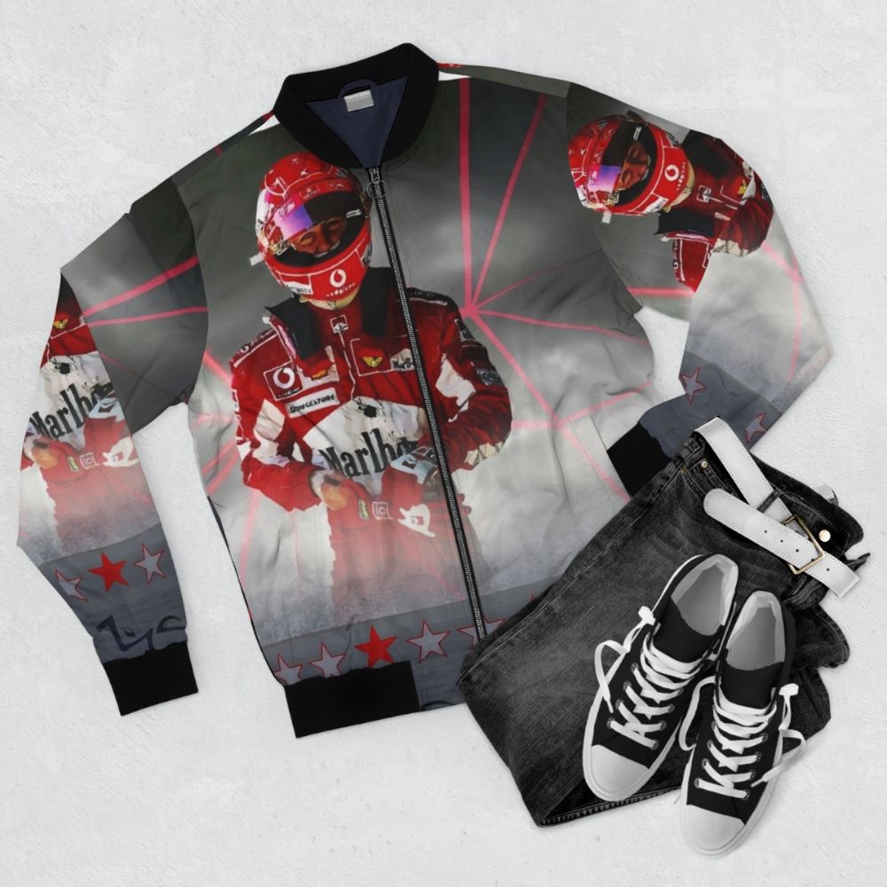 Michel Schumacher racing bomber jacket with Formula 1 inspired design - Flat lay