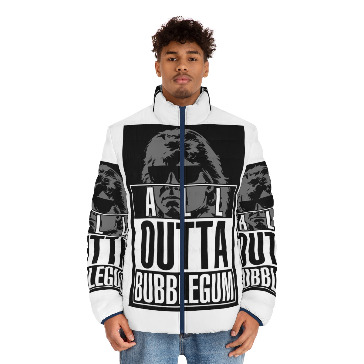 They Live inspired puffer jacket with "Straight All Outta Bubblegum" graphic - men front