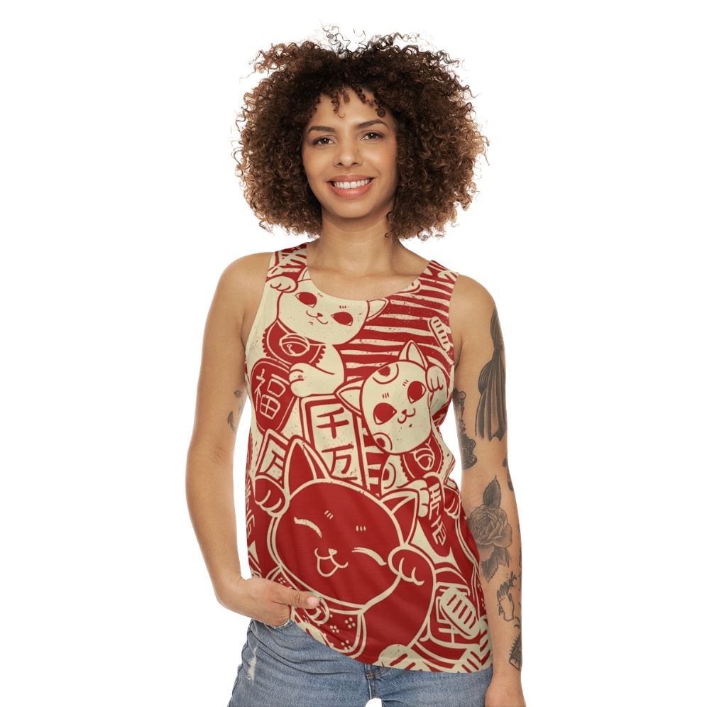 Maneki Neko inspired unisex tank top with kawaii cat design - women