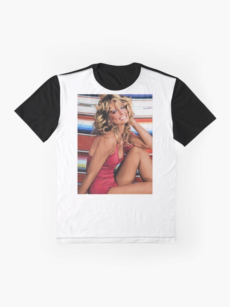 Retro graphic t-shirt featuring Farrah Fawcett's iconic hairstyle and beauty - Flat lay