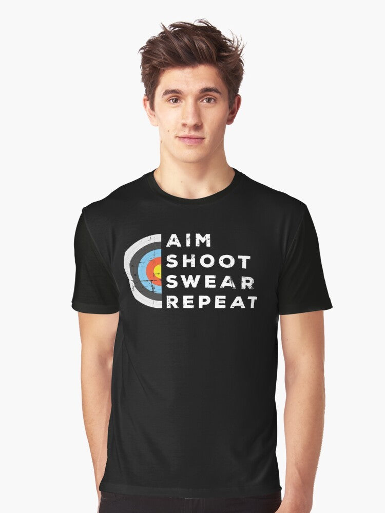 Archery bowshooting graphic t-shirt featuring the text "Aim, Shoot, Swear, Repeat" - Men