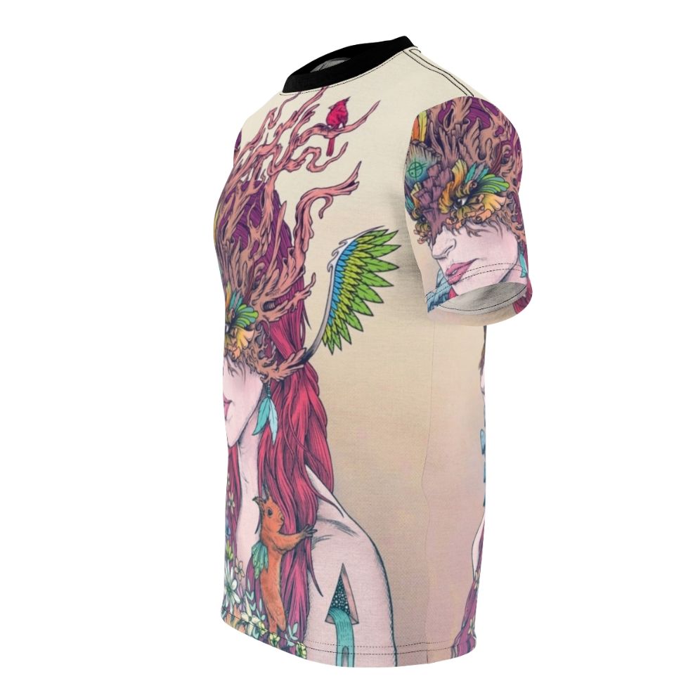 Whimsical t-shirt design featuring psychedelic art with fantasy nature elements, including a woman with red hair, animals like a cardinal and squirrel, and vibrant floral patterns. - men left