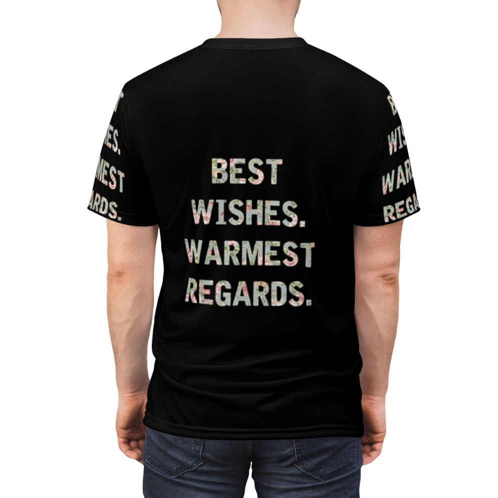 Schitt's Creek inspired AOP t-shirt featuring the iconic "Best Wishes Warmest Regards" phrase - men back