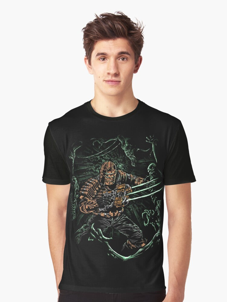 A graphic t-shirt featuring a design inspired by the horror video game Dead Space, with necromorphs and cosmic horror elements. - Men