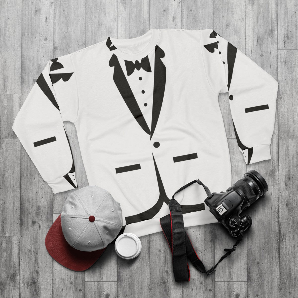 Bow tie tuxedo sweatshirt for men and cats - flat lay